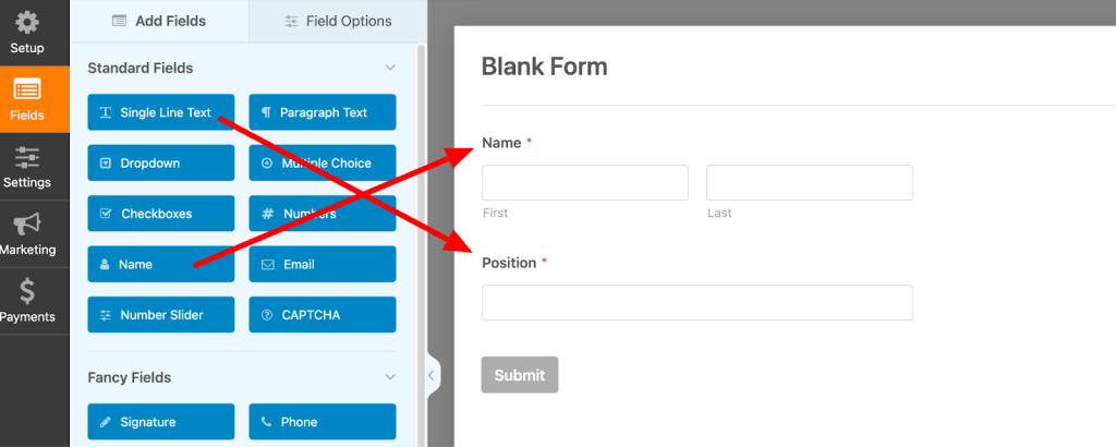  add Name Fields and a Single Line Text for Position Fields.
