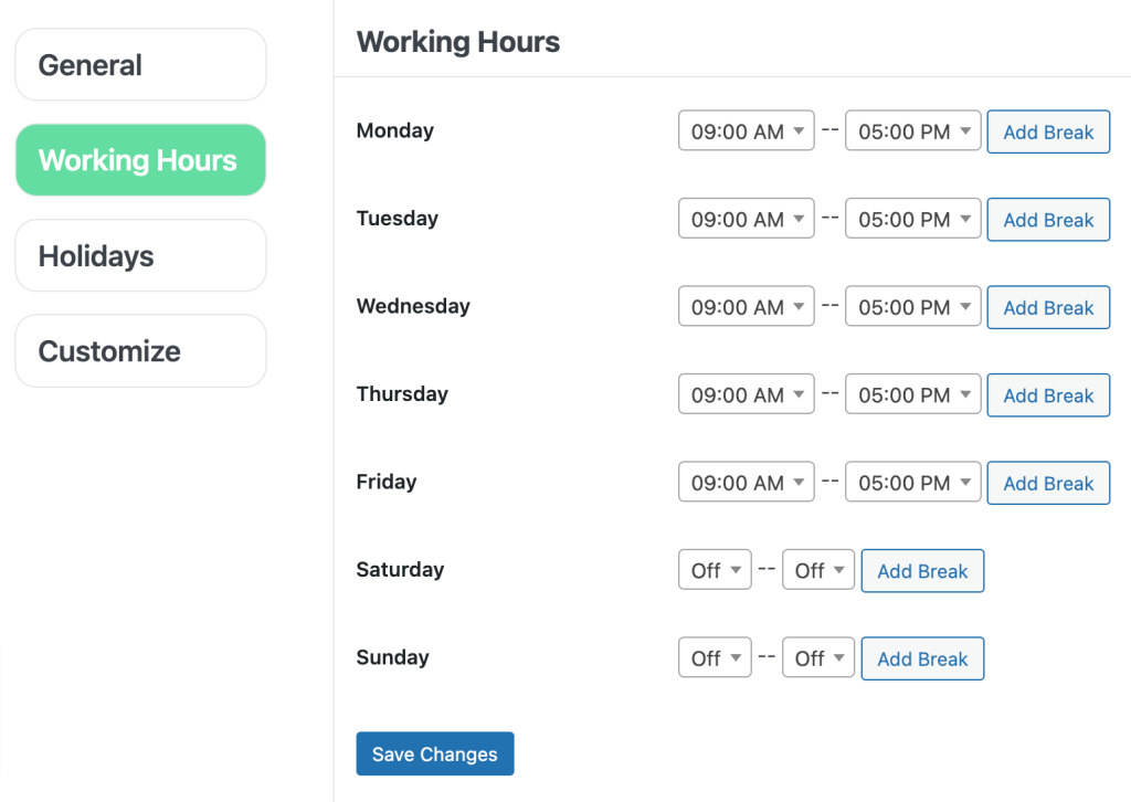 At the working hour category: In these settings, you may specify your business's operating hours