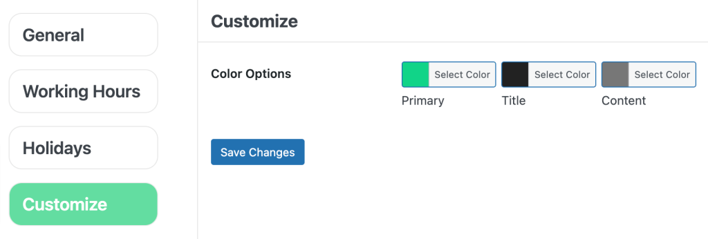 At Customize category: You can change the color for primary, title, sub title, content…