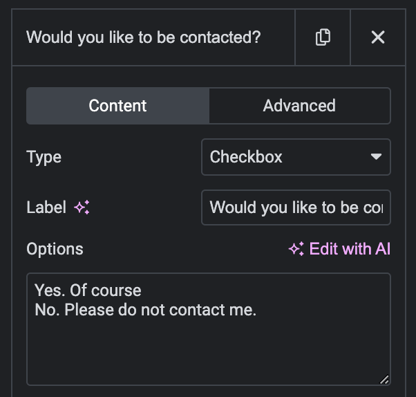 using a checbox to handle the display of two selections: Yes. Of course/ No. Please do not contact me