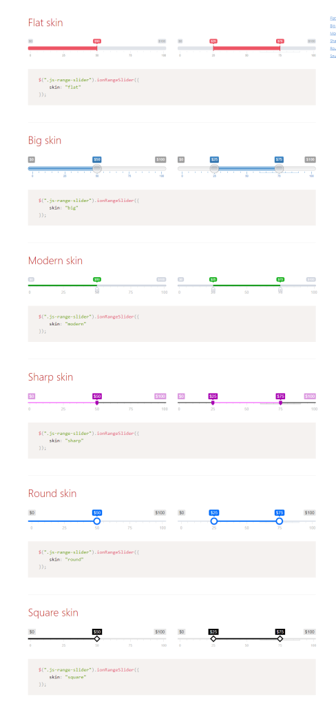 Skins and looks range slider