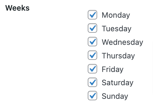 Days of week: This setting allows you to restrict which dates are selectable based on the days of the week (e.g. Monday – Sunday).