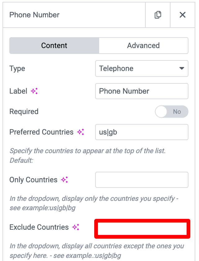 How to set the excluded countries?