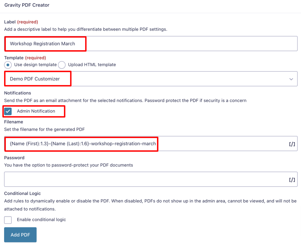 Settings to send Gravity Forms as a PDF via email