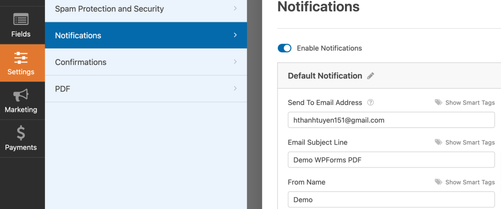 Settings to send WPForms as a PDF via email
