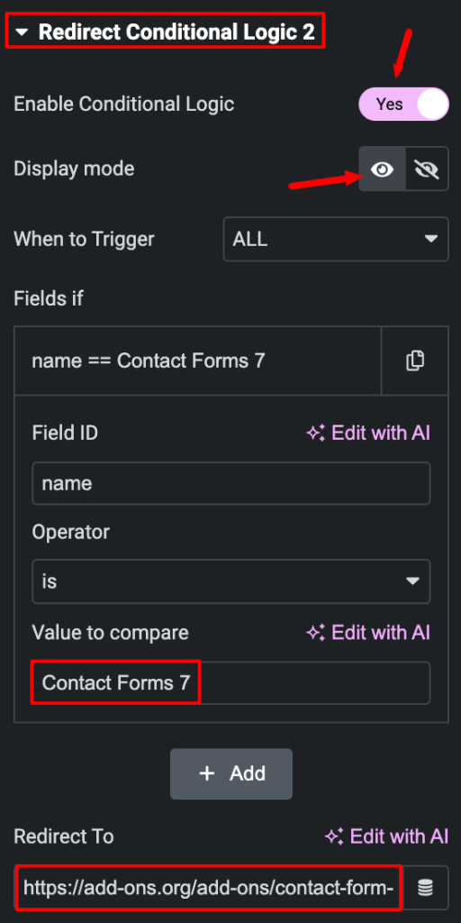 set conditional redirect page for elementor