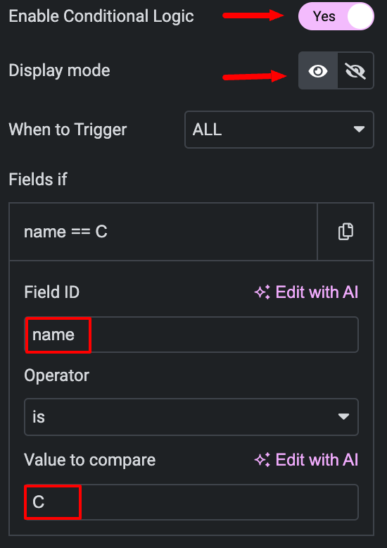 conditional notification email settings for elementor
