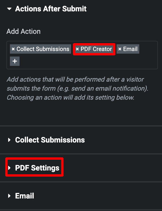 Settings to turn Elementor Forms data into a PDF file via email