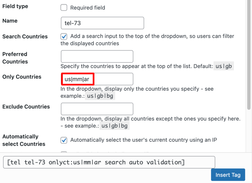 How to set the exclude countries list?