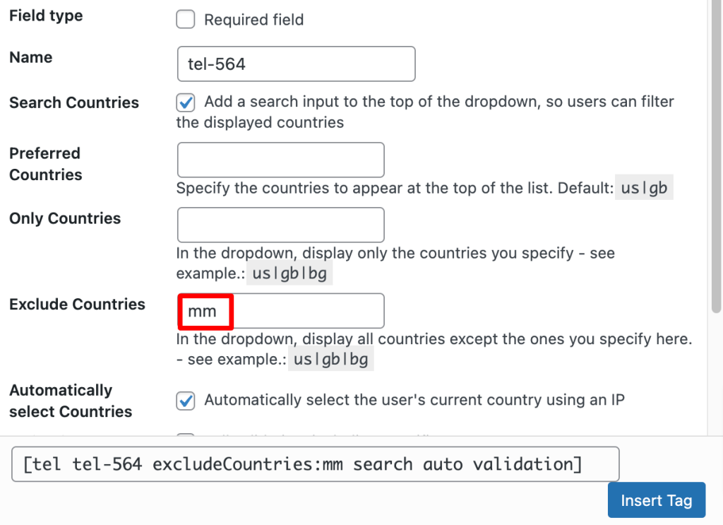 How to set the exclude countries list?