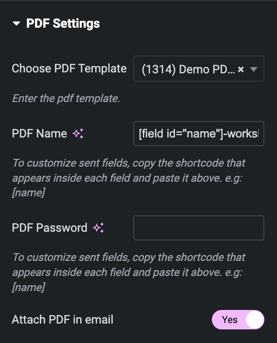 Settings to turn Elementor Forms data into a PDF file via email