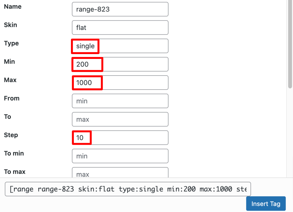  set min/max value, range,start point, and slider step for contact form 7 range slider