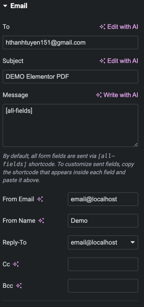 Settings to turn Elementor Forms data into a PDF file via email