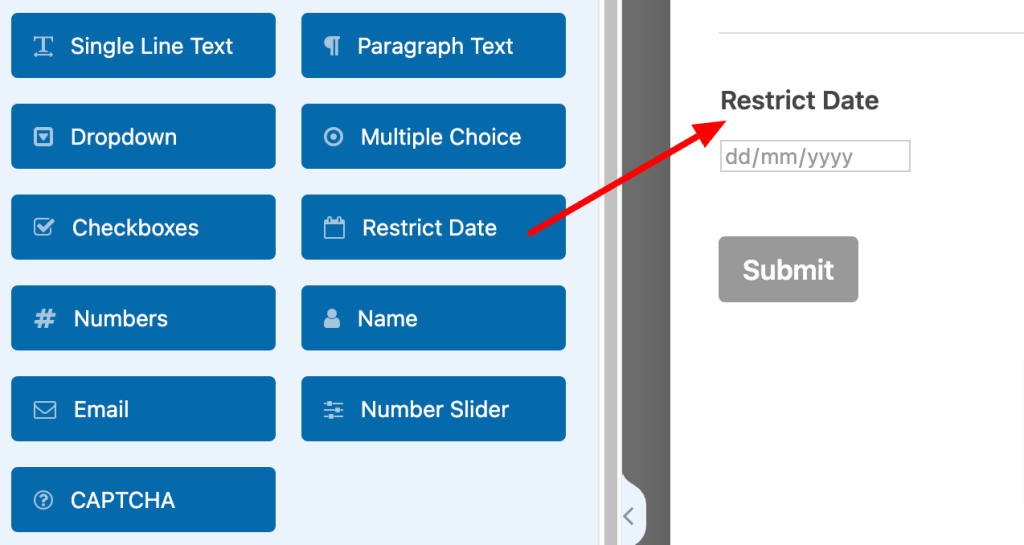 Add a wpform restrict Date Field