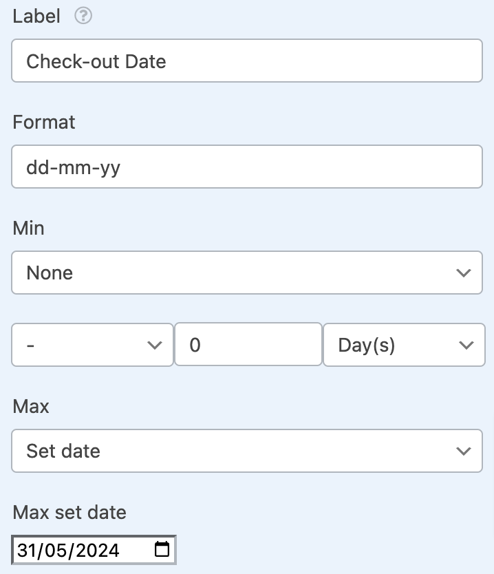 Add two Date fields for the “Check-in Date” and “Check-out Date”.