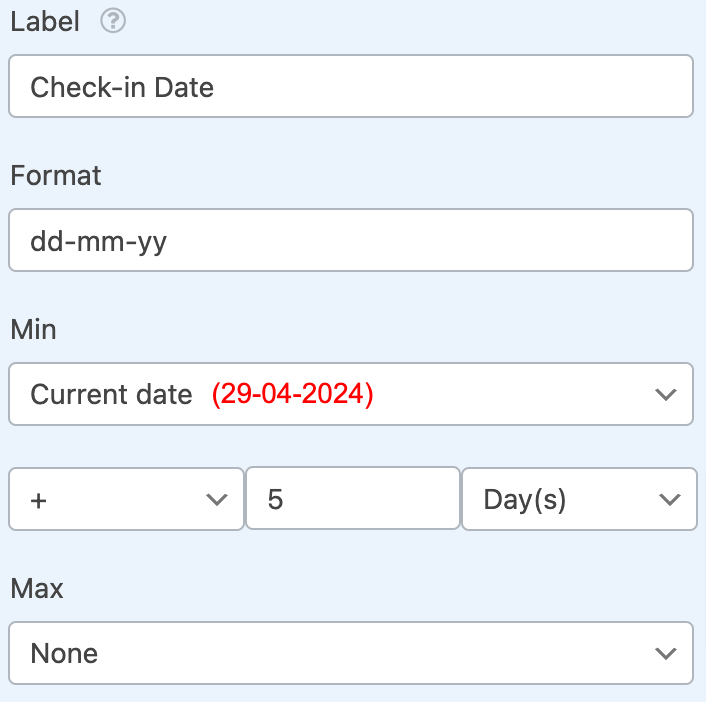 Add two Date fields for the “Check-in Date” and “Check-out Date”.