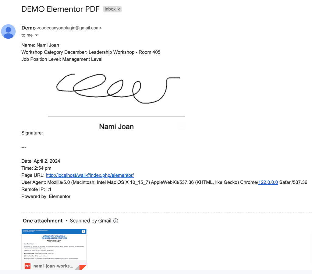email with an attached PDF file.