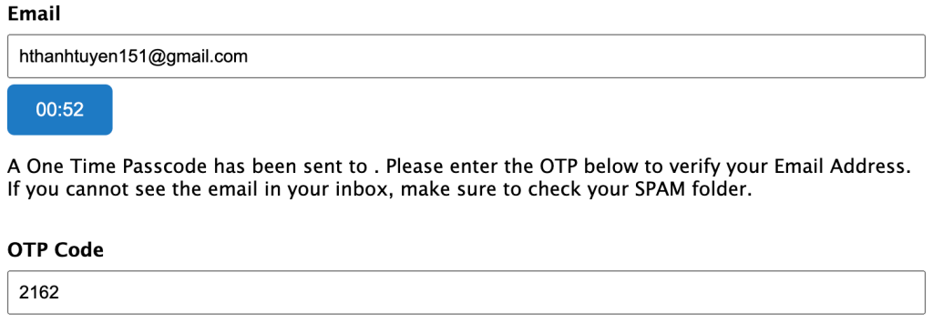 enter the otp code for gravity form email verification otp