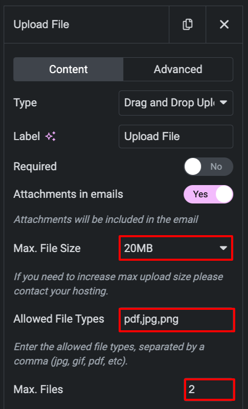 Set Elementor File Upload Options