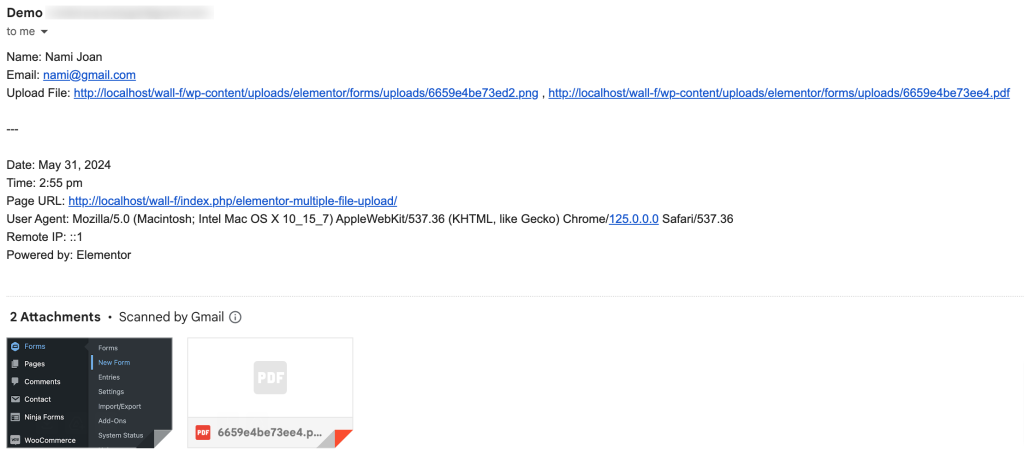 uploaded files will be attached to the email on Elementor