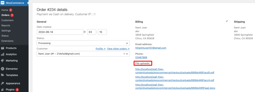 view the files uploaded on the order admin page