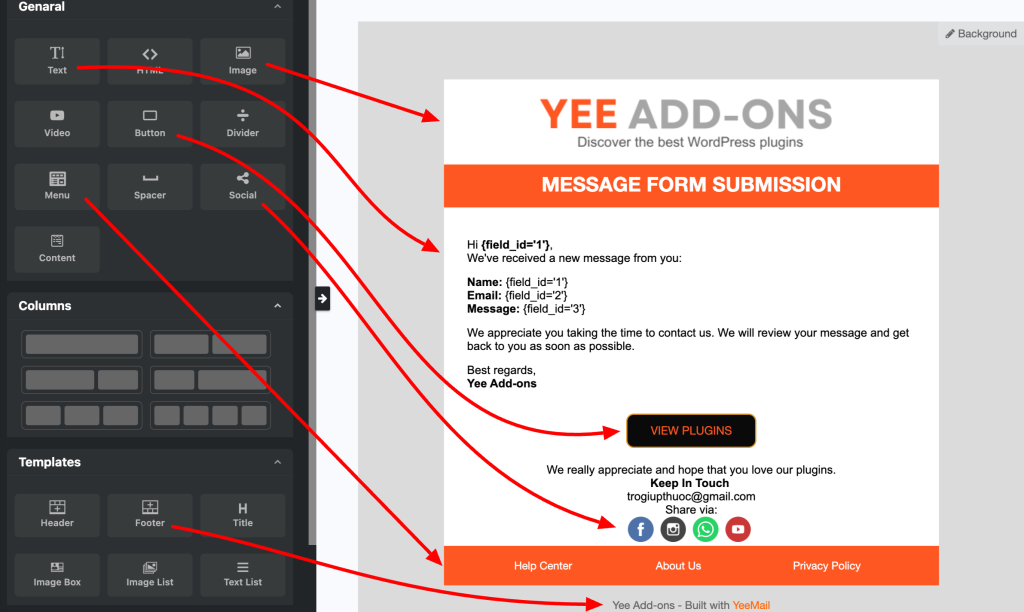 using drag and drop interface to design wpform email template