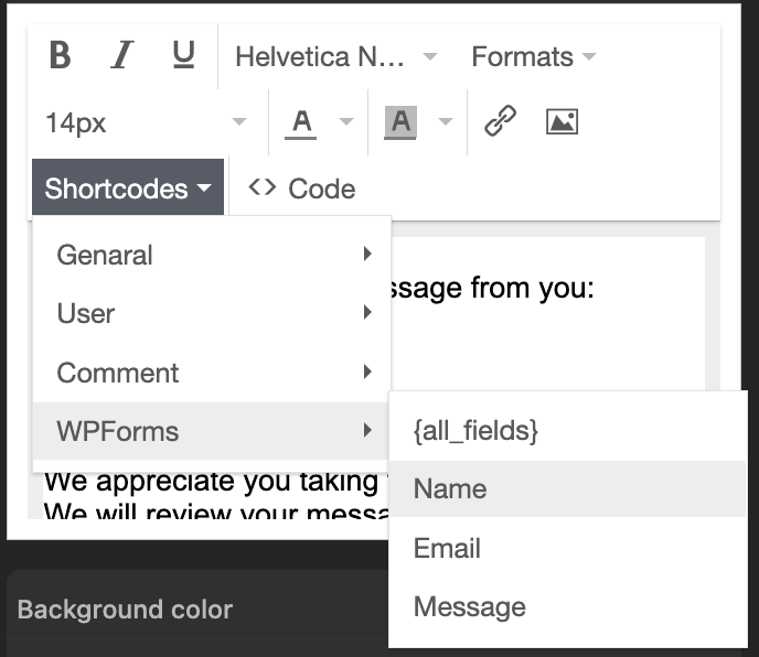 using shortcodes to customize email template for wpforms