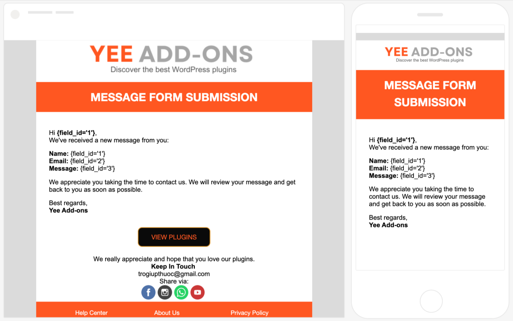 preview email template for wpforms on mobile and desktop version