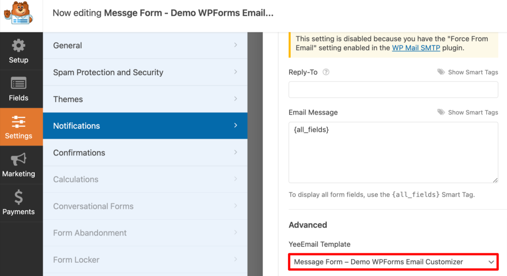 Integrate email template with WPForms