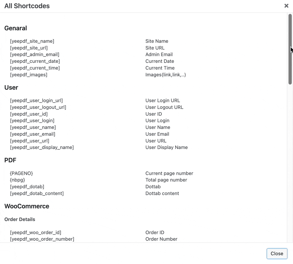 Using shortcodes to customize information for Woocommerce PDF builder