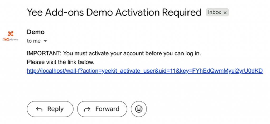 a confirmation email with a link to log in