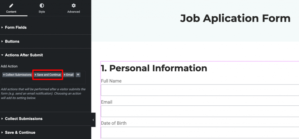Turning on saving later feature for elementor forms
