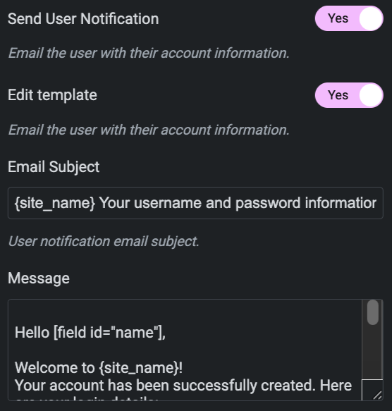 Sends a welcome email to the new user with their account details