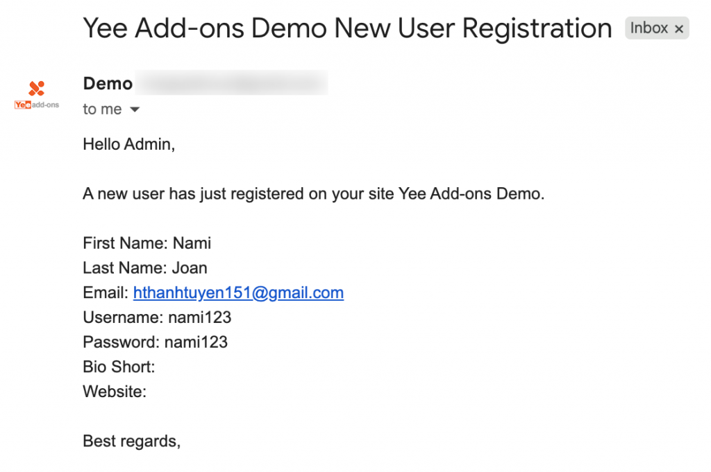 a notification email about the new user registration.