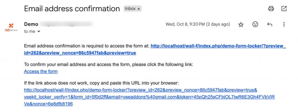 a verification link to access an elementor form