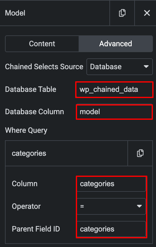 Show only database rows where the categories column matches the value selected in the Category field
