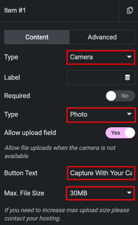 Camera Field for Elementor Forms