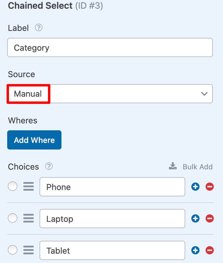 Create a chained select field named Category.