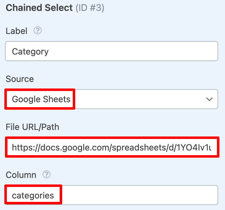 Chained select data Source: Google Sheet.