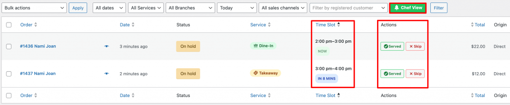 The Chef View is a one-click quick filter designed to help the kitchen focus on what needs to be prepared now.