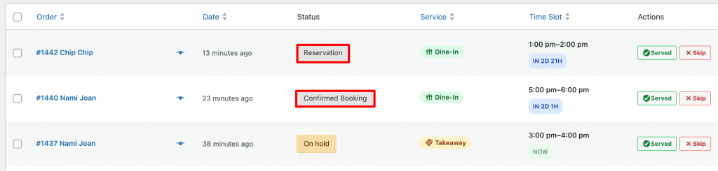 Reservation Statuses: