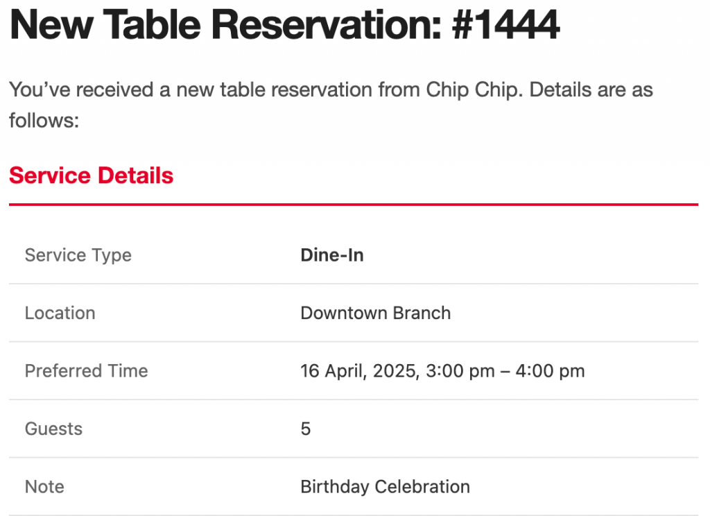 New Table Reservation (Admin)