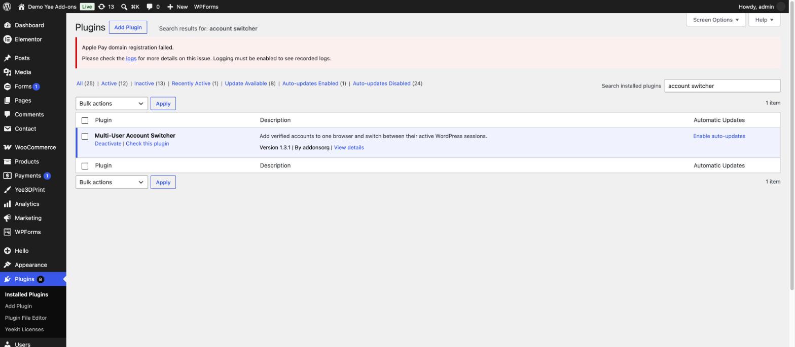 The plugin activated in the Plugins list