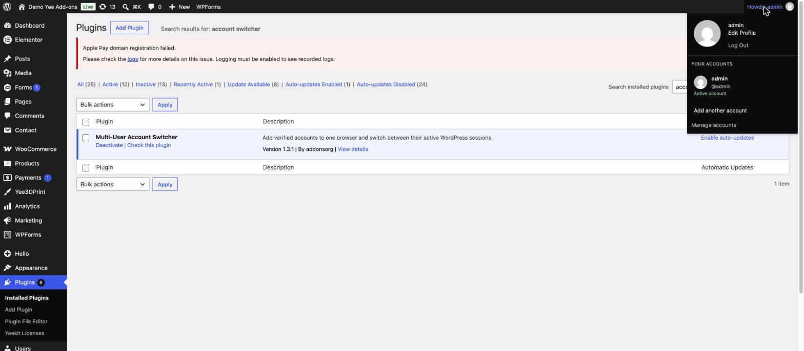 The Your accounts section in the toolbar menu