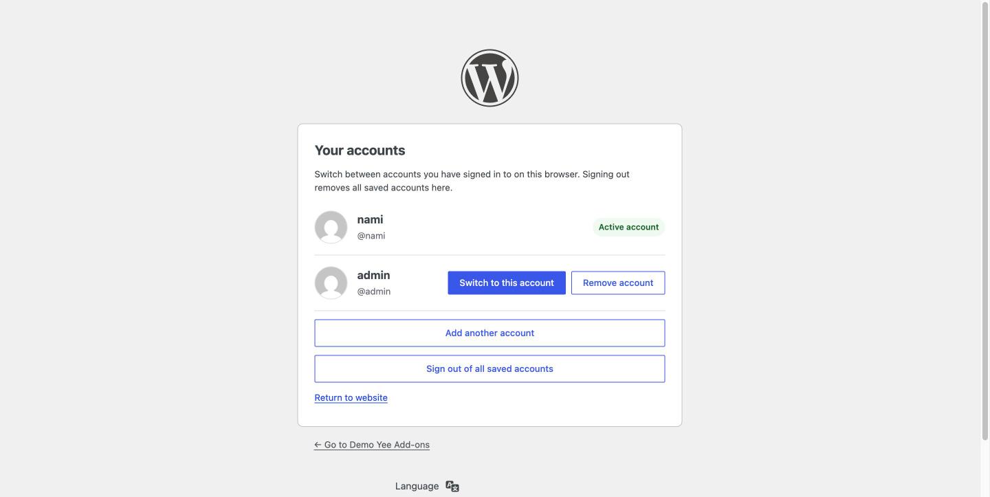 The account manager page listing two saved WordPress accounts with switch and remove buttons