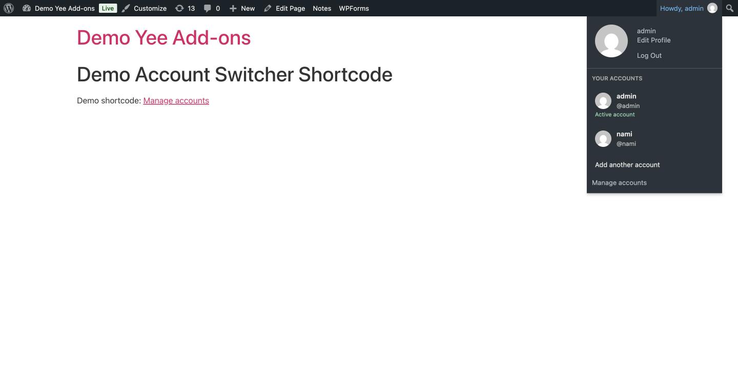 The WordPress toolbar account menu showing two saved accounts and the add another account action