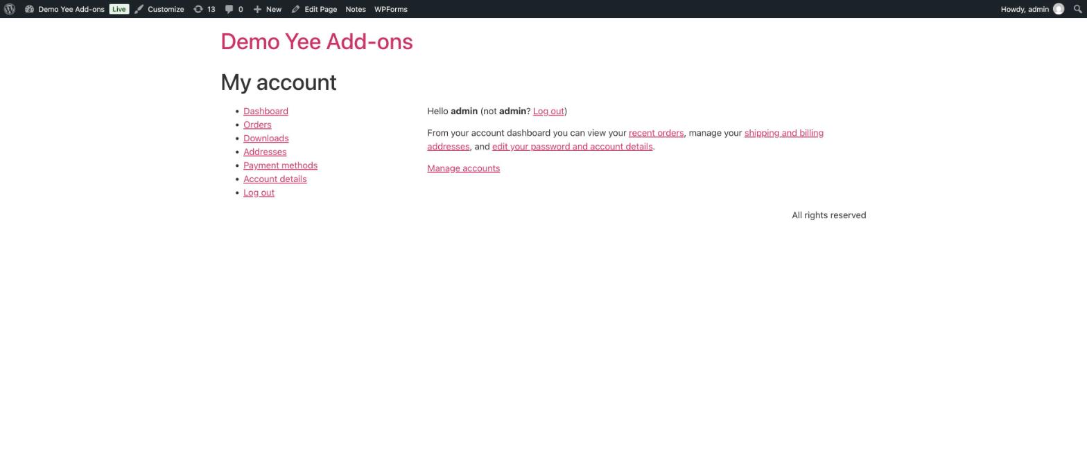 The Manage accounts link on the WooCommerce My Account dashboard