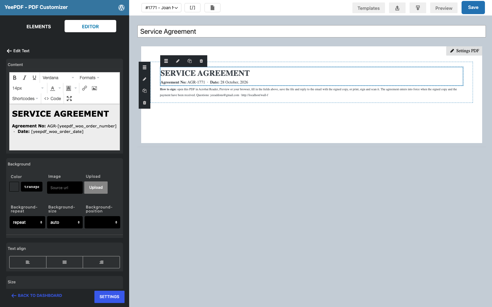 The title Text element selected with SERVICE AGREEMENT and the agreement number