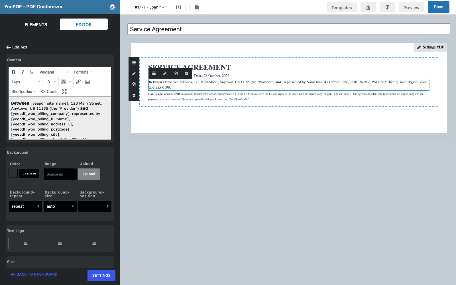 The parties Text element selected with the provider and the client merge tags