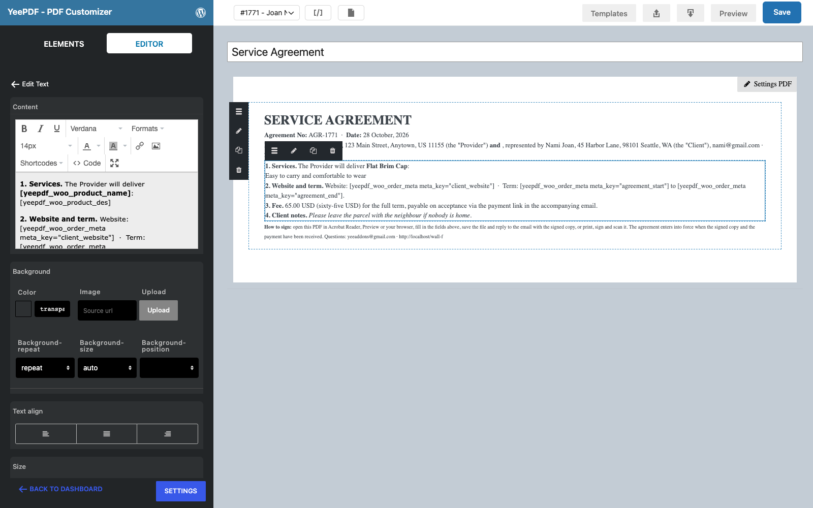 The scope Text element selected with the services, website, term, fee and client notes merge tags